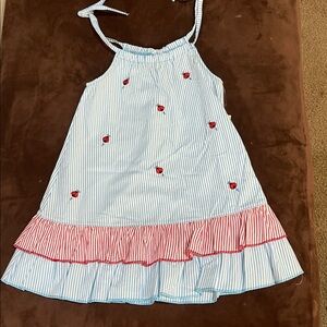 NWT Luigi Kids Striped Seersucker dress with lady bugs hand Embroidery